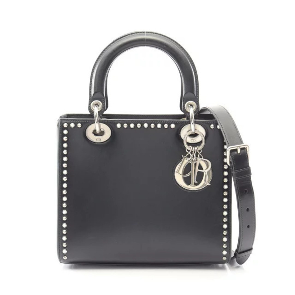 Christian Dior LADY Studded Handbag Leather Black